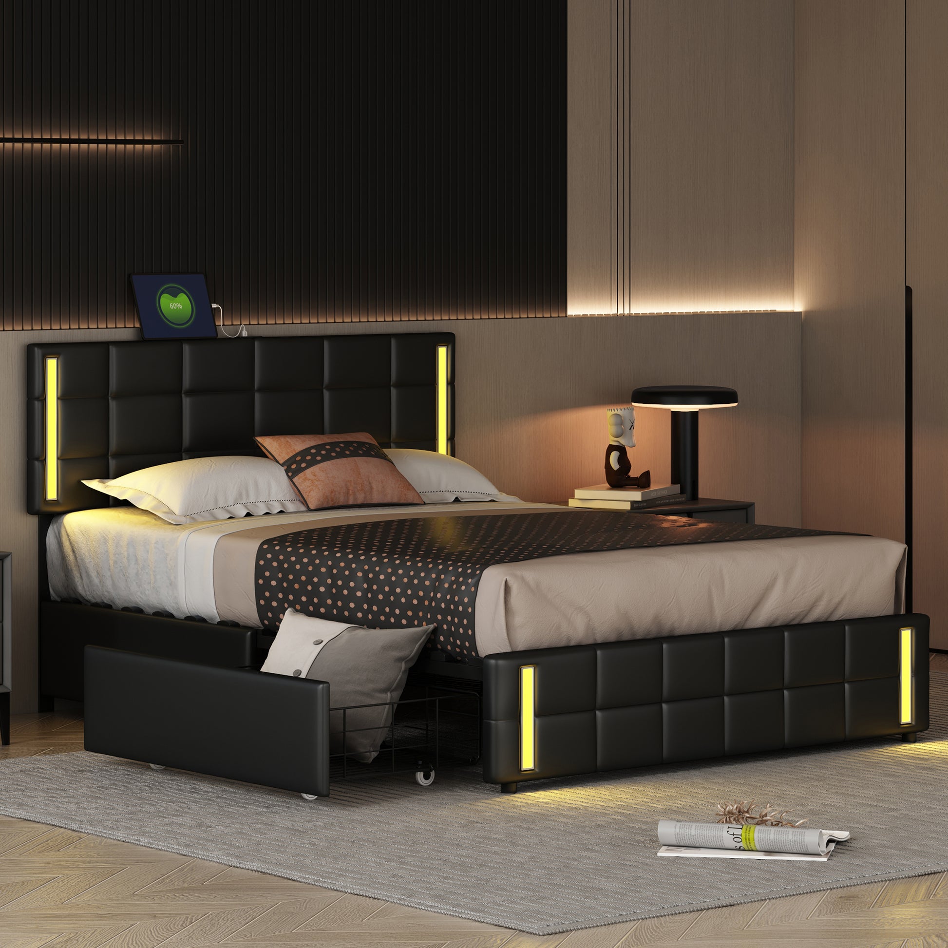 Queen Size Upholstered Platform Bed With Led Lights And Usb Charging, Storage Bed With 4 Drawers, Black Old Sku:Wf302558Aab Black Pu