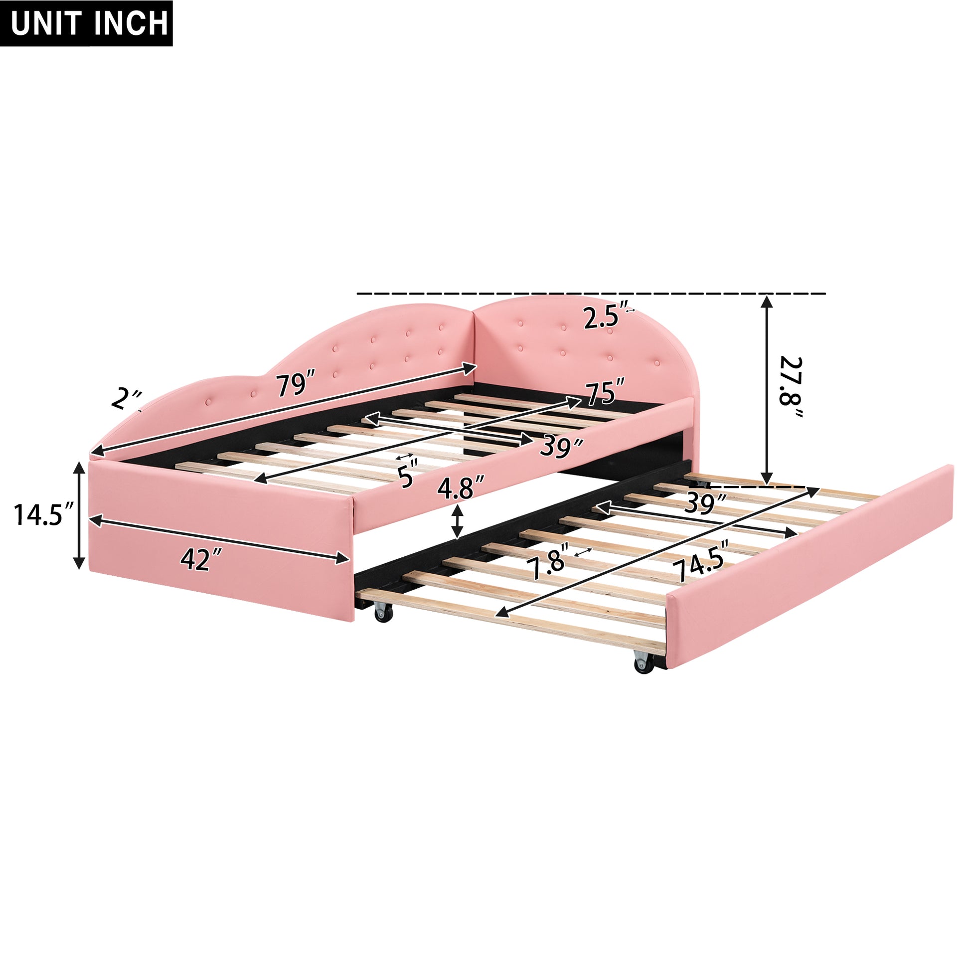 Twin Size Pu Upholstered Tufted Daybed With Trundle And Cloud Shaped Guardrail, Pink Box Spring Not Required Twin Pink Wood Faux Leather Upholstered