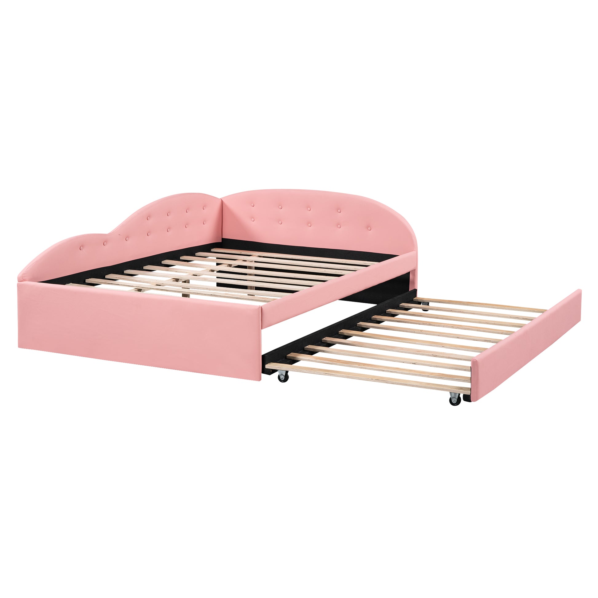 Full Size Pu Upholstered Tufted Daybed With Trundle And Cloud Shaped Guardrail, Pink Box Spring Not Required Full Pink Wood Daybeds Faux Leather Upholstered