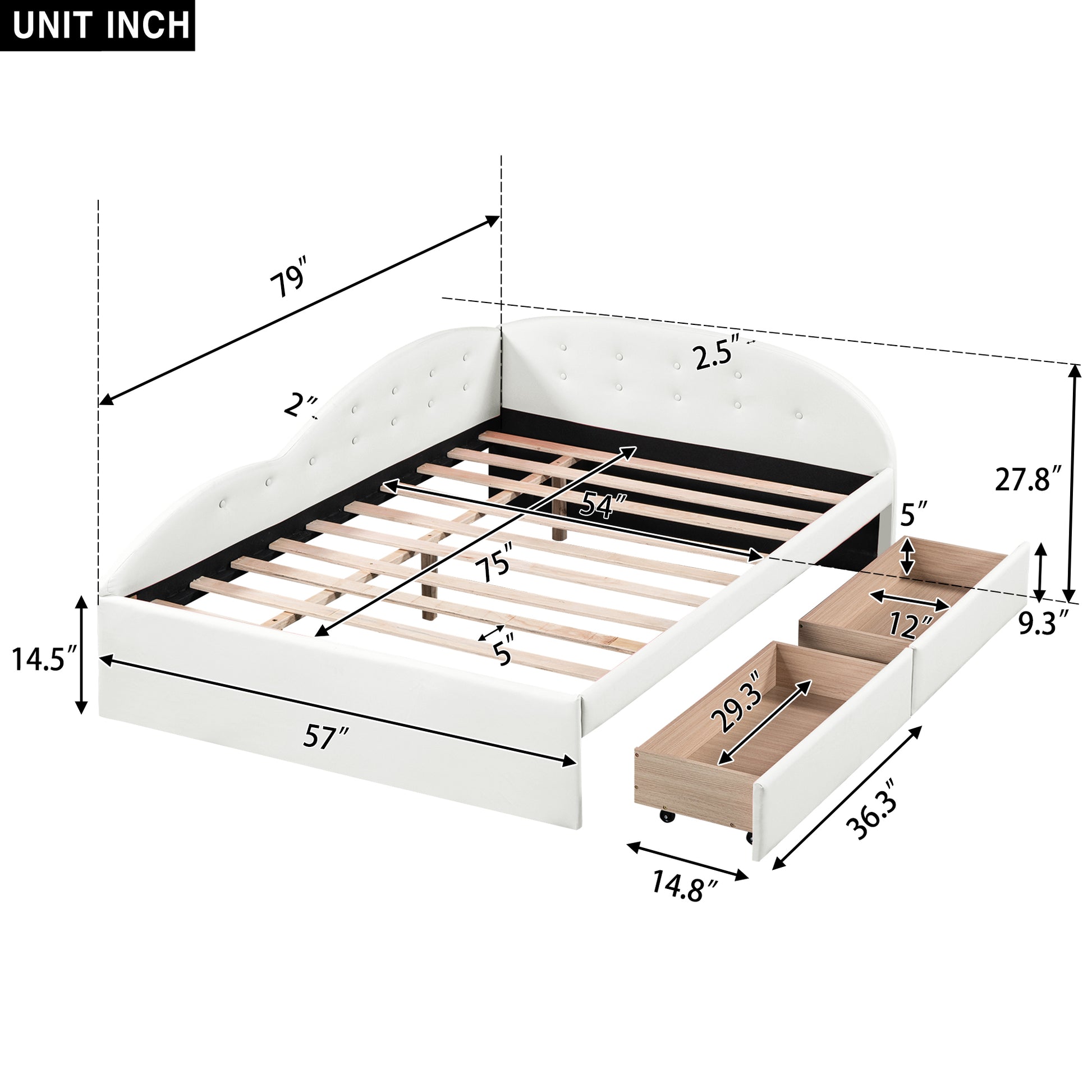 Full Size Pu Upholstered Tufted Daybed With Two Drawers And Cloud Shaped Guardrail, White Box Spring Not Required Full White Wood Faux Leather Upholstered