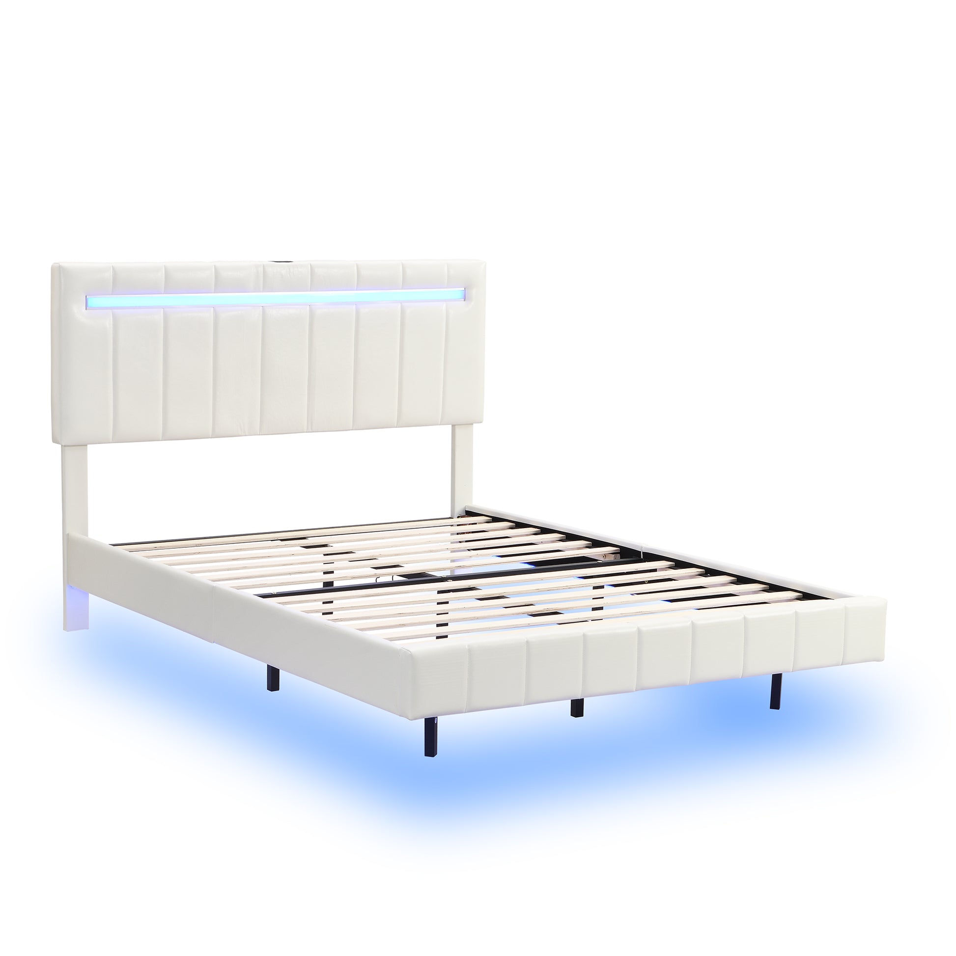 Queen Size Floating Bed Frame With Led Lights And Usb Charging,Modern Upholstered Platform Led Bed Frame, White White Pu