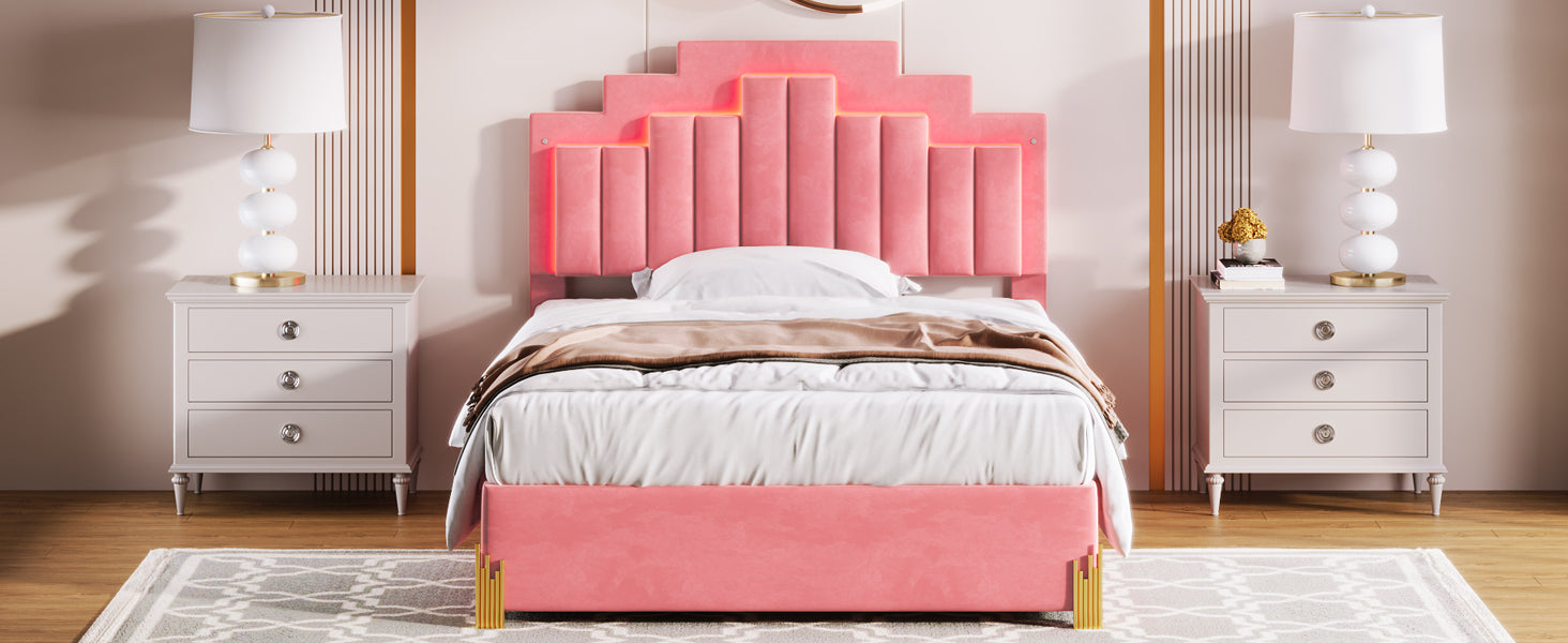 Full Size Upholstered Platform Bed With Led Lights And 4 Drawers, Stylish Irregular Metal Bed Legs Design, Pink Pink Velvet