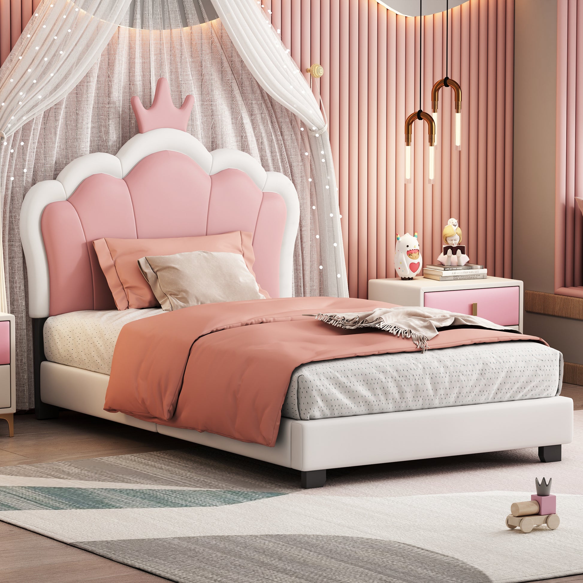 Twin Size Upholstered Princess Bed With Crown Headboard,Twin Size Platform Bed With Headboard And Footboard, White Pink Pink Pu