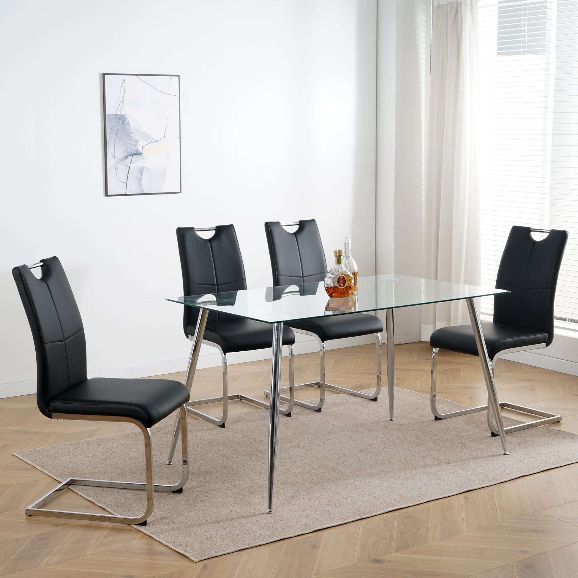 Modern Dining Chairs With Faux Leather Padded Seat Dining Living Room Chairs Upholstered Chair With Chrome Metal Legs Design For Kitchen, Living, Bedroom, Dining Room Side Chairs Set Of 4 Black Silver Metal