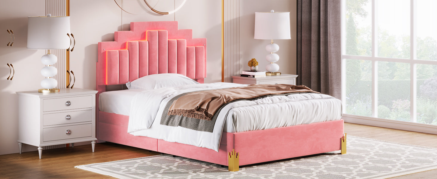 Full Size Upholstered Platform Bed With Led Lights And 4 Drawers, Stylish Irregular Metal Bed Legs Design, Pink Pink Velvet