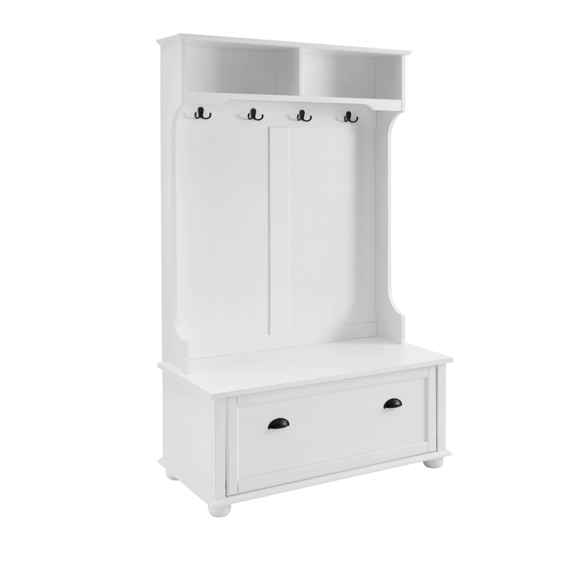 Classic Cosatal Style Hall Tree Entryway Bench With Open Shelves And Shoe Cabinets, Solid Wood Feet, White, 40.16"W*18.58"D*64.17"H White Mdf