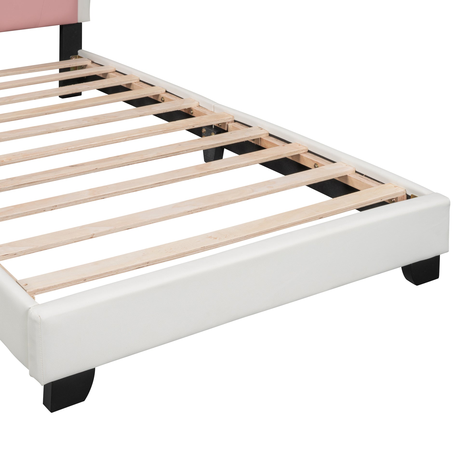 Twin Size Upholstered Princess Bed With Crown Headboard,Twin Size Platform Bed With Headboard And Footboard, White Pink Pink Pu