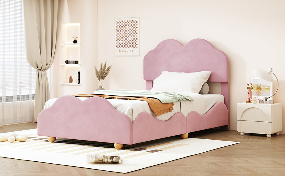 Twin Size Upholstered Platform Bed With Cloud Shaped Bed Board, Light Pink Light Pink Velvet