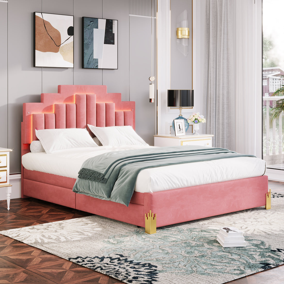 Queen Size Upholstered Platform Bed With Led Lights And 4 Drawers, Stylish Irregular Metal Bed Legs Design, Pink Pink Velvet