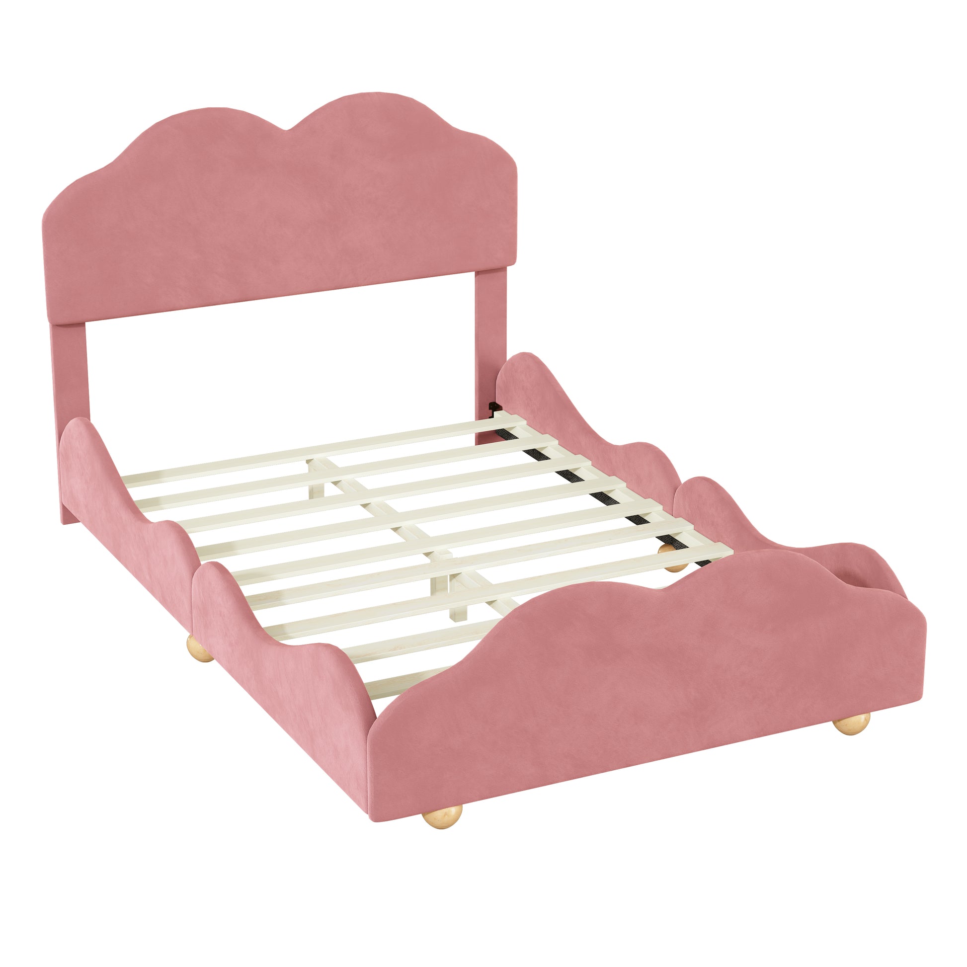 Full Size Upholstered Platform Bed With Cloud Shaped Bed Board, Dark Pink Dark Pink Velvet