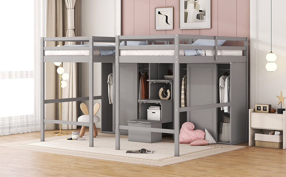 Double Twin Loft Beds With Wardrobes And Staircase, Gray Gray Solid Wood Mdf