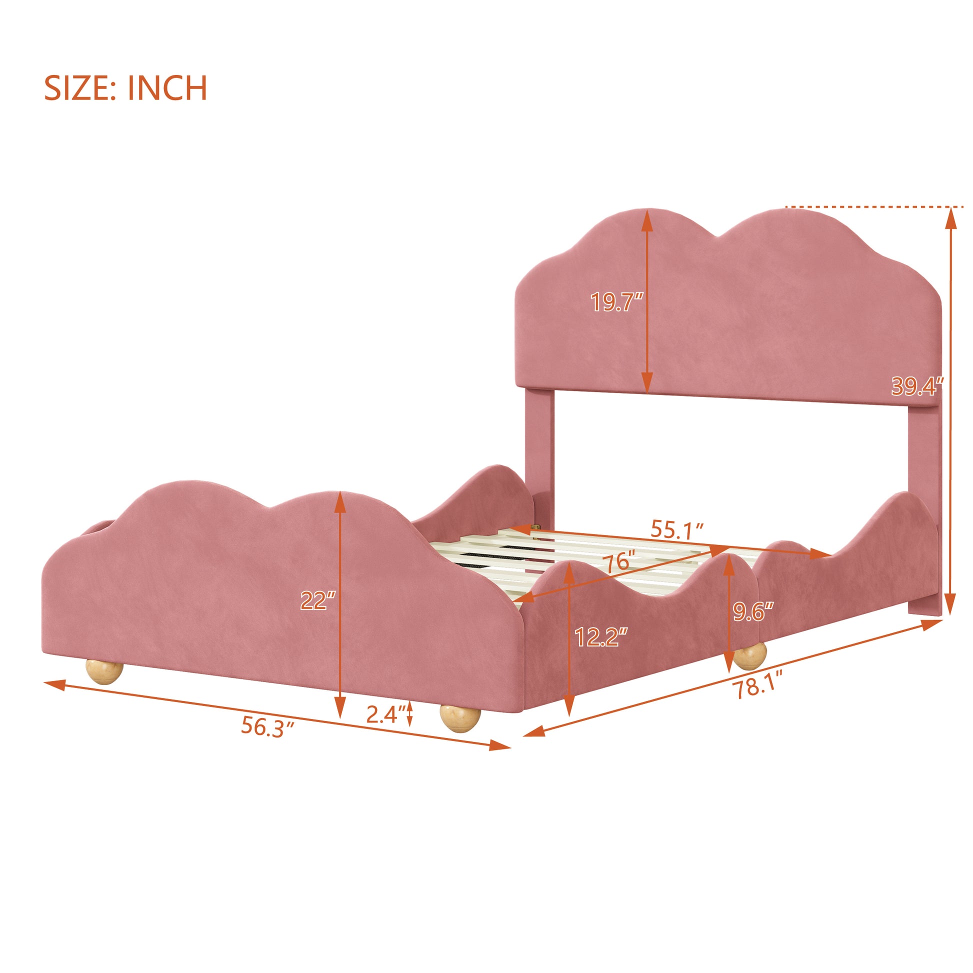 Full Size Upholstered Platform Bed With Cloud Shaped Bed Board, Dark Pink Dark Pink Velvet