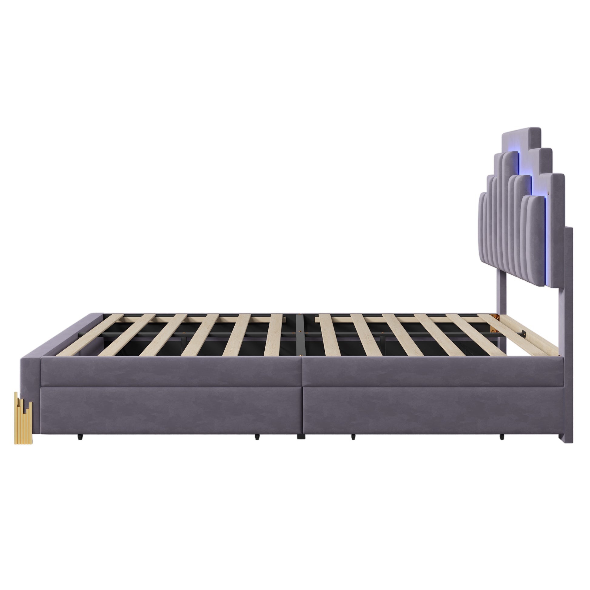 Full Size Upholstered Platform Bed With Led Lights And 4 Drawers, Stylish Irregular Metal Bed Legs Design, Gray Gray Velvet