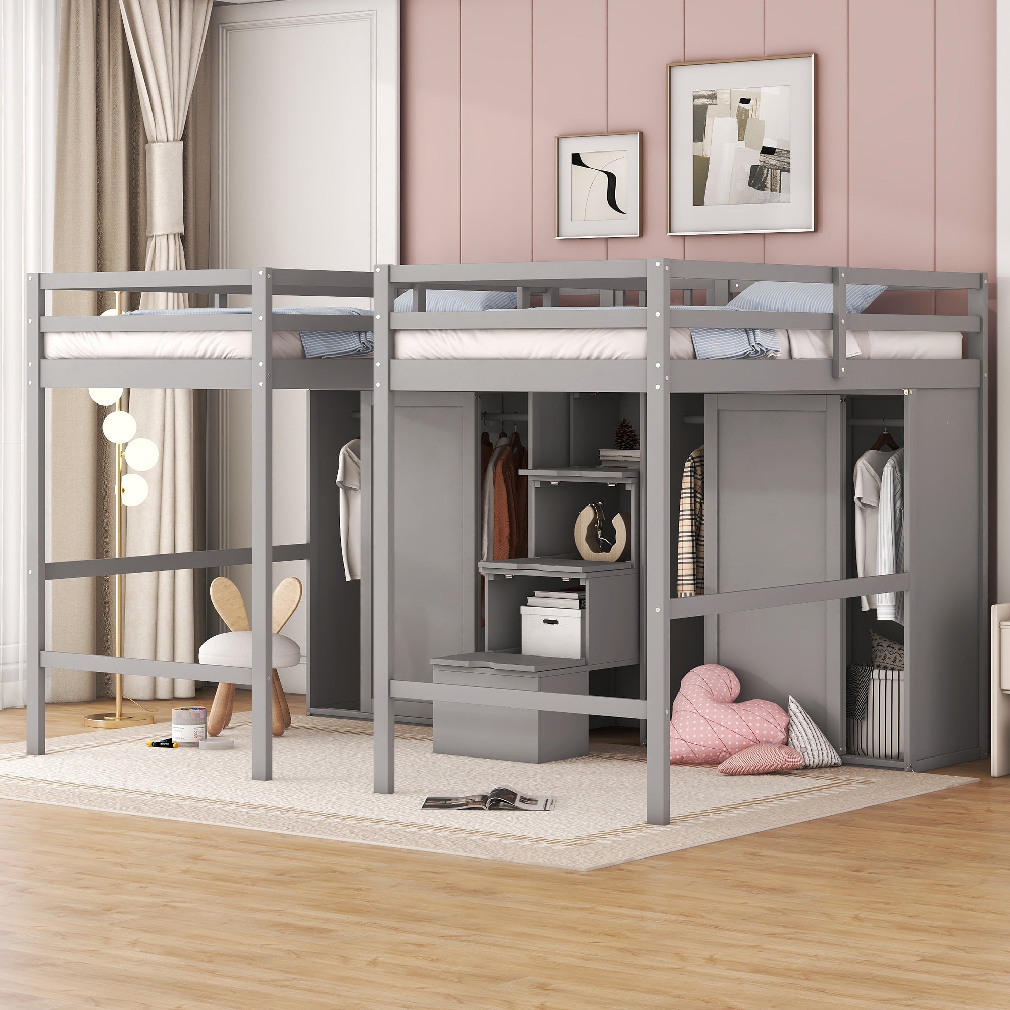 Double Twin Loft Beds With Wardrobes And Staircase, Gray Gray Solid Wood Mdf