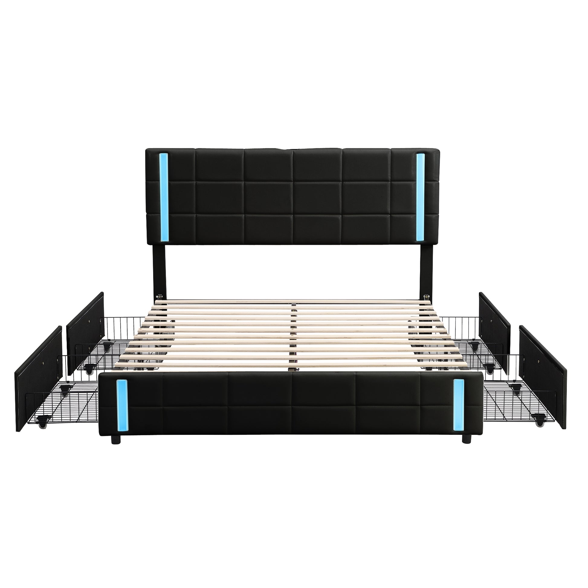 Queen Size Upholstered Platform Bed With Led Lights And Usb Charging, Storage Bed With 4 Drawers, Black Old Sku:Wf302558Aab Black Pu