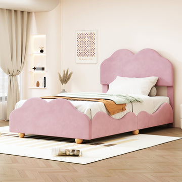 Twin Size Upholstered Platform Bed With Cloud Shaped Bed Board, Light Pink Light Pink Velvet