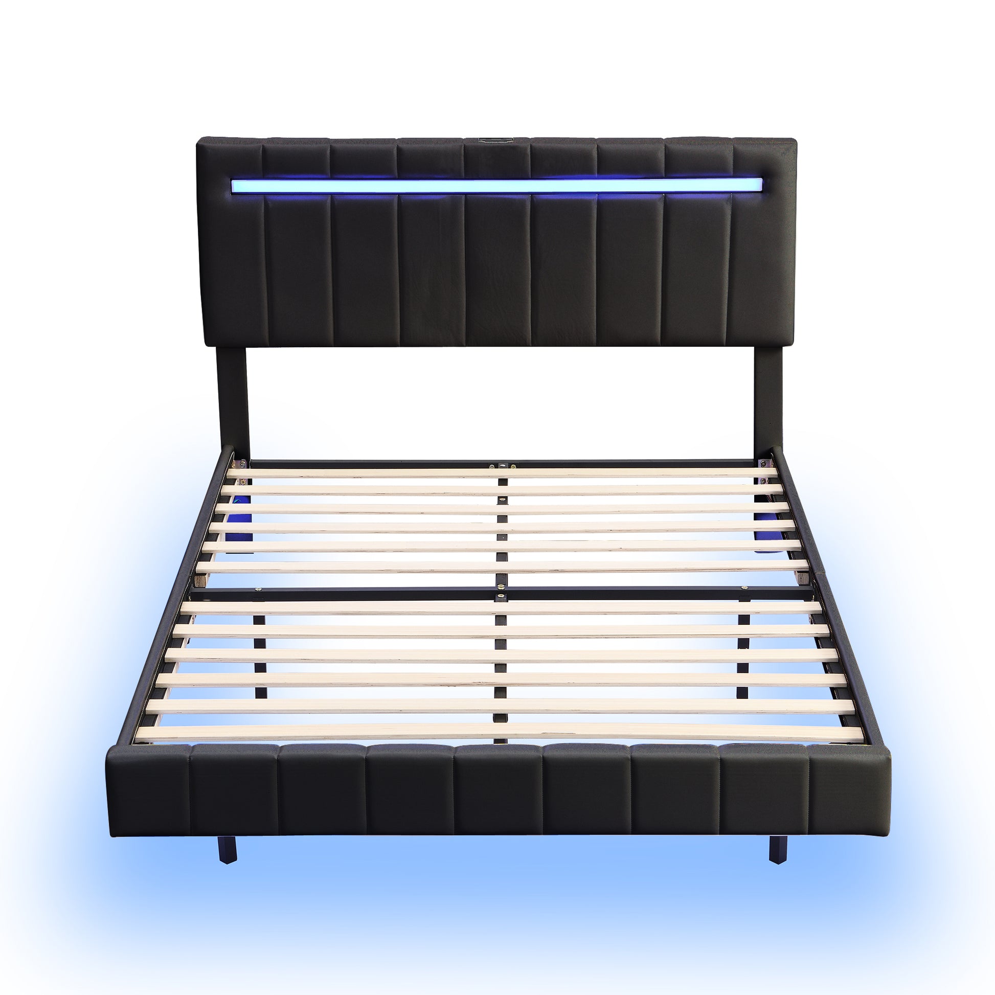 Queen Size Floating Bed Frame With Led Lights And Usb Charging,Modern Upholstered Platform Led Bed Frame,Black Black Pu