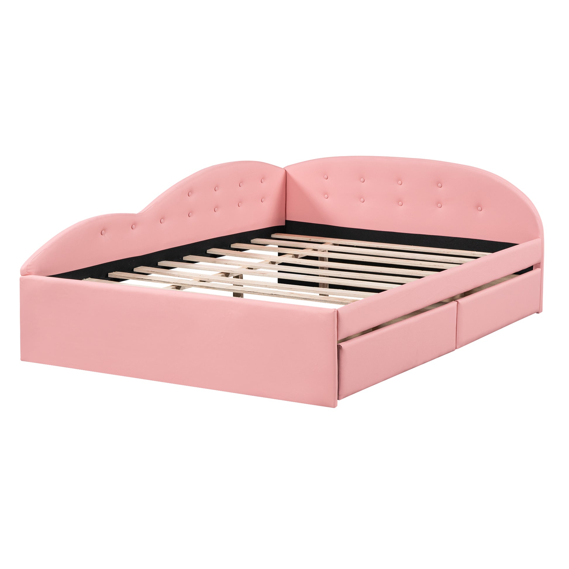 Full Size Pu Upholstered Tufted Daybed With Two Drawers And Cloud Shaped Guardrail, Pink Box Spring Not Required Full Pink Wood Faux Leather Upholstered