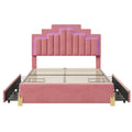 Full Size Upholstered Platform Bed With Led Lights And 4 Drawers, Stylish Irregular Metal Bed Legs Design, Pink Pink Velvet