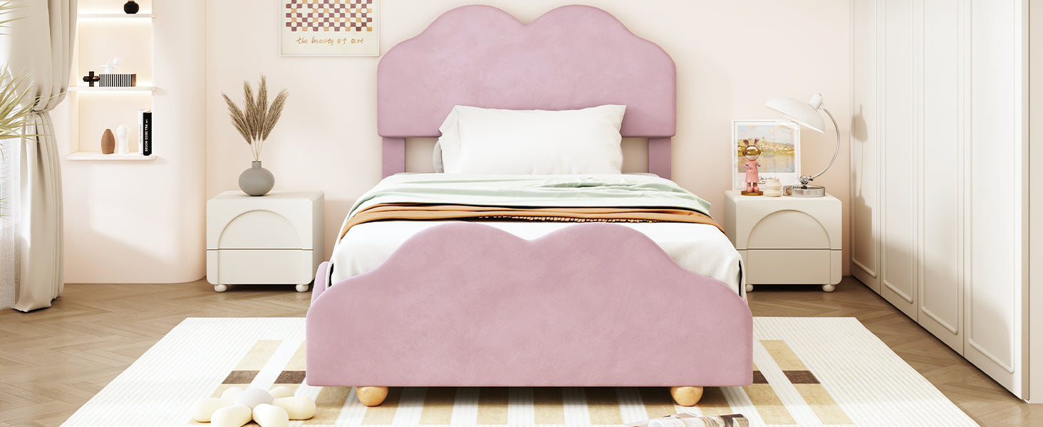 Twin Size Upholstered Platform Bed With Cloud Shaped Bed Board, Light Pink Light Pink Velvet