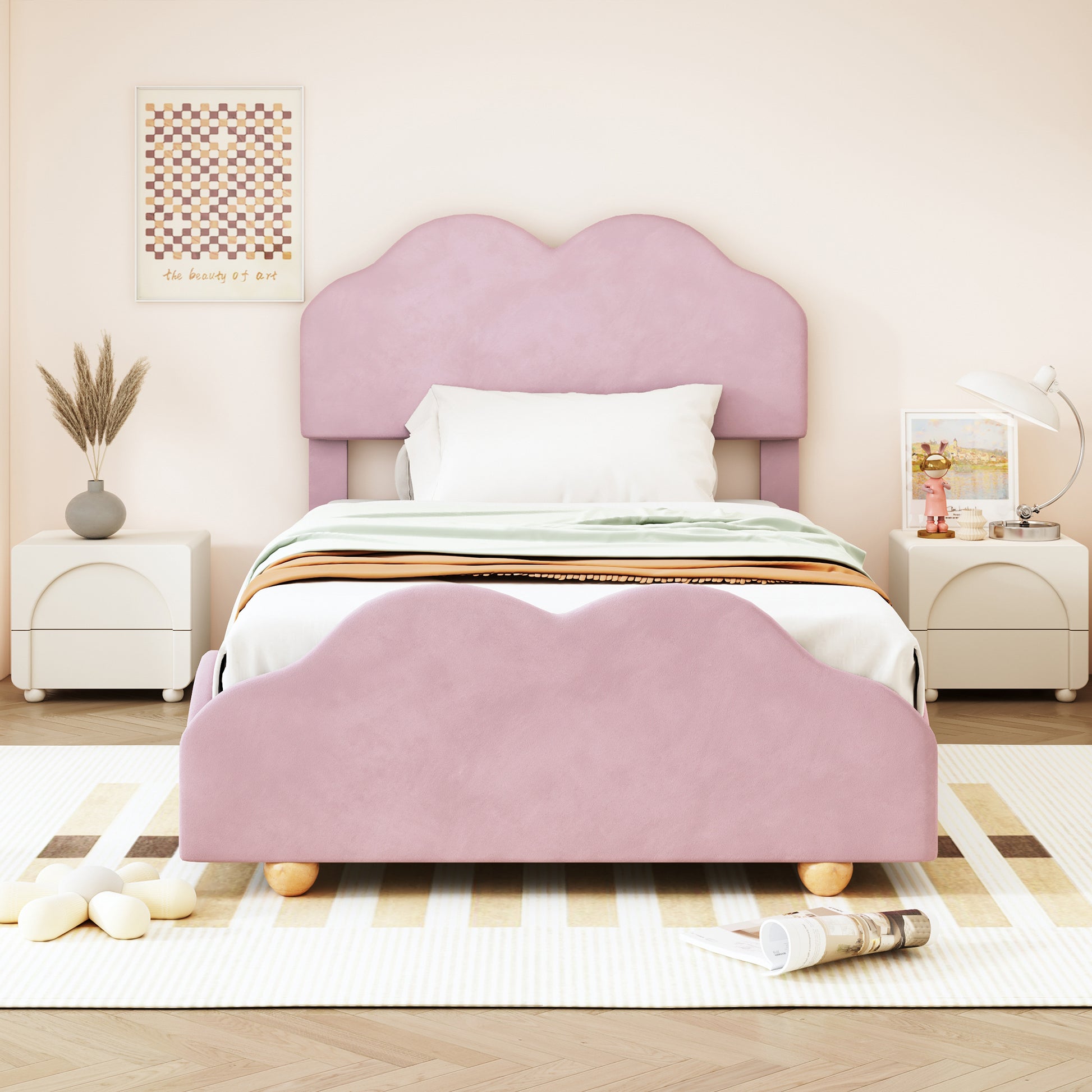 Twin Size Upholstered Platform Bed With Cloud Shaped Bed Board, Light Pink Light Pink Velvet