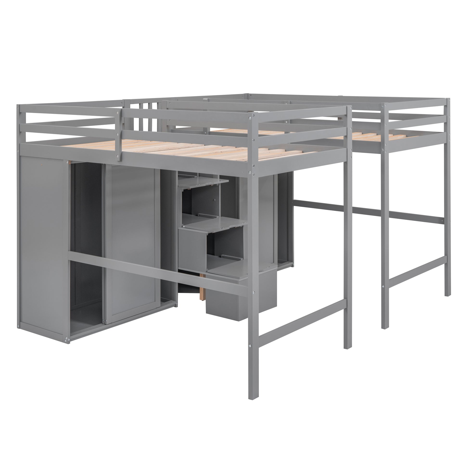 Double Twin Loft Beds With Wardrobes And Staircase, Gray Gray Solid Wood Mdf