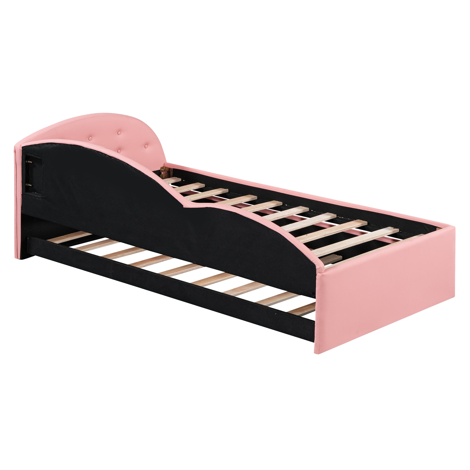 Twin Size Pu Upholstered Tufted Daybed With Trundle And Cloud Shaped Guardrail, Pink Box Spring Not Required Twin Pink Wood Faux Leather Upholstered