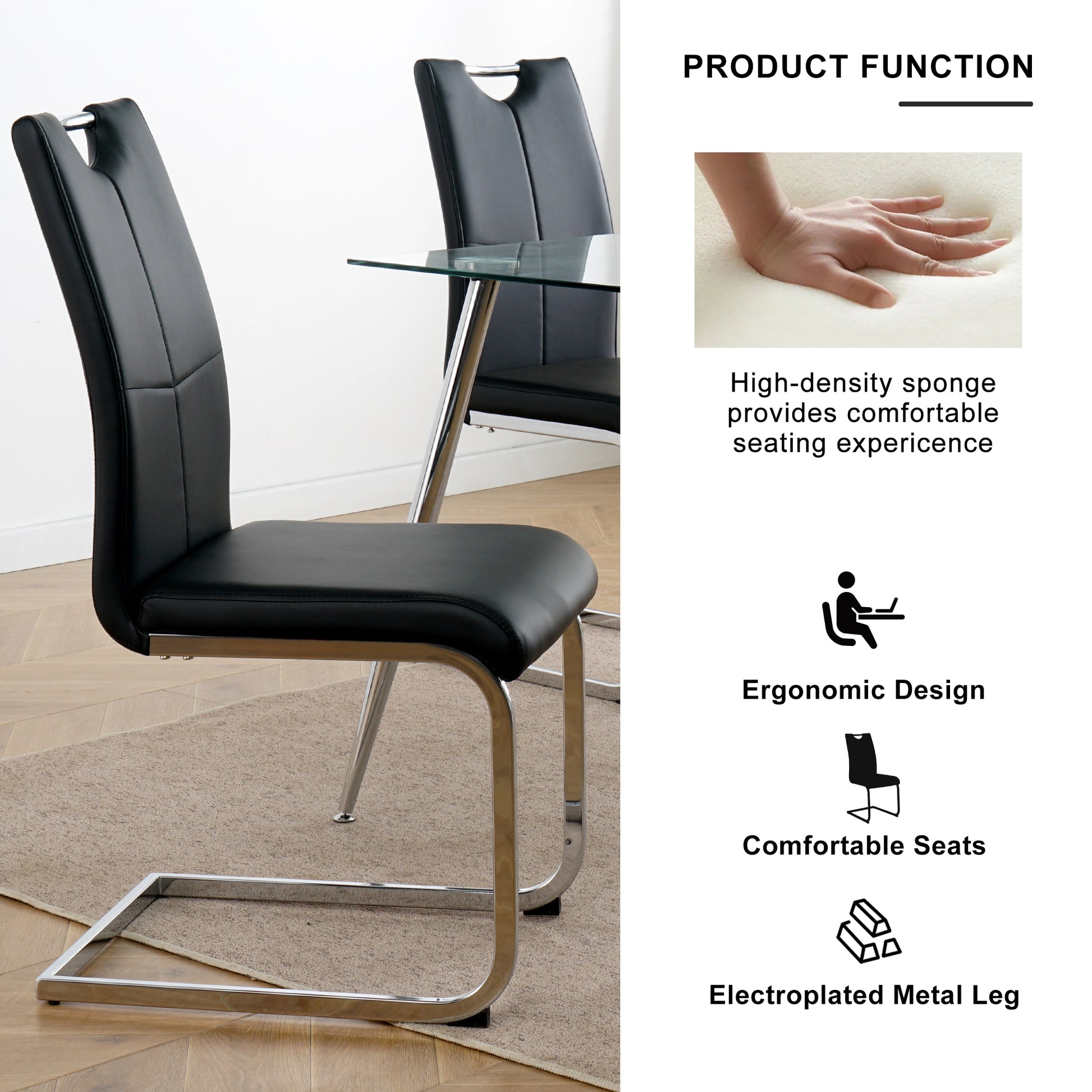Modern Dining Chairs With Faux Leather Padded Seat Dining Living Room Chairs Upholstered Chair With Chrome Metal Legs Design For Kitchen, Living, Bedroom, Dining Room Side Chairs Set Of 4 Black Silver Metal