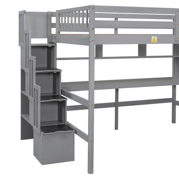 Full Size Loft Bed With Built In Desk, Bookshelves And Storage Staircase,Grey Old Sku:W504S00109 Full Grey Pine