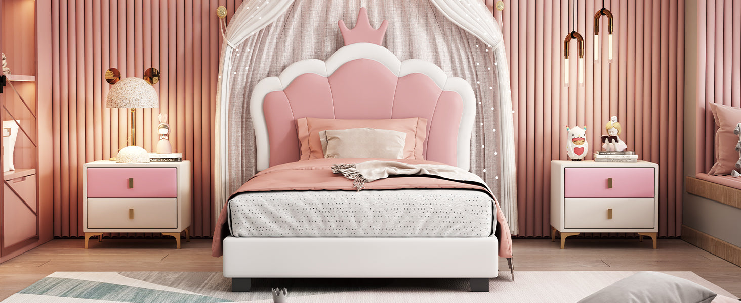 Twin Size Upholstered Princess Bed With Crown Headboard,Twin Size Platform Bed With Headboard And Footboard, White Pink Old Sku:Wf303336Aak Twin White Pu