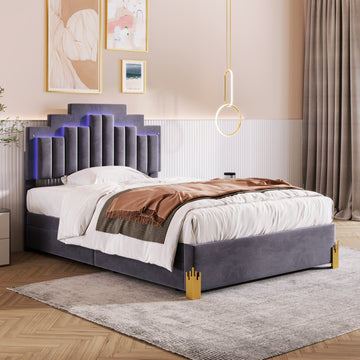 Full Size Upholstered Platform Bed With Led Lights And 4 Drawers, Stylish Irregular Metal Bed Legs Design, Gray Gray Velvet