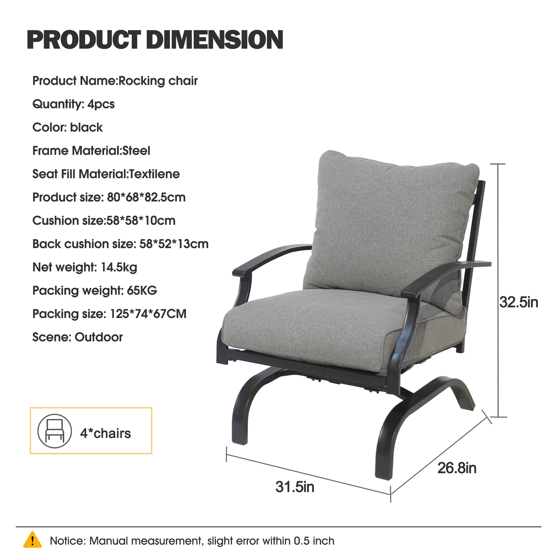 Metal Outdoor Rocking Chair Set Of 4 Yes Rocker & Glider Grey Weather Resistant Frame Fade Resistant Cushion Garden & Outdoor Multiple Chairs Seating Group Steel