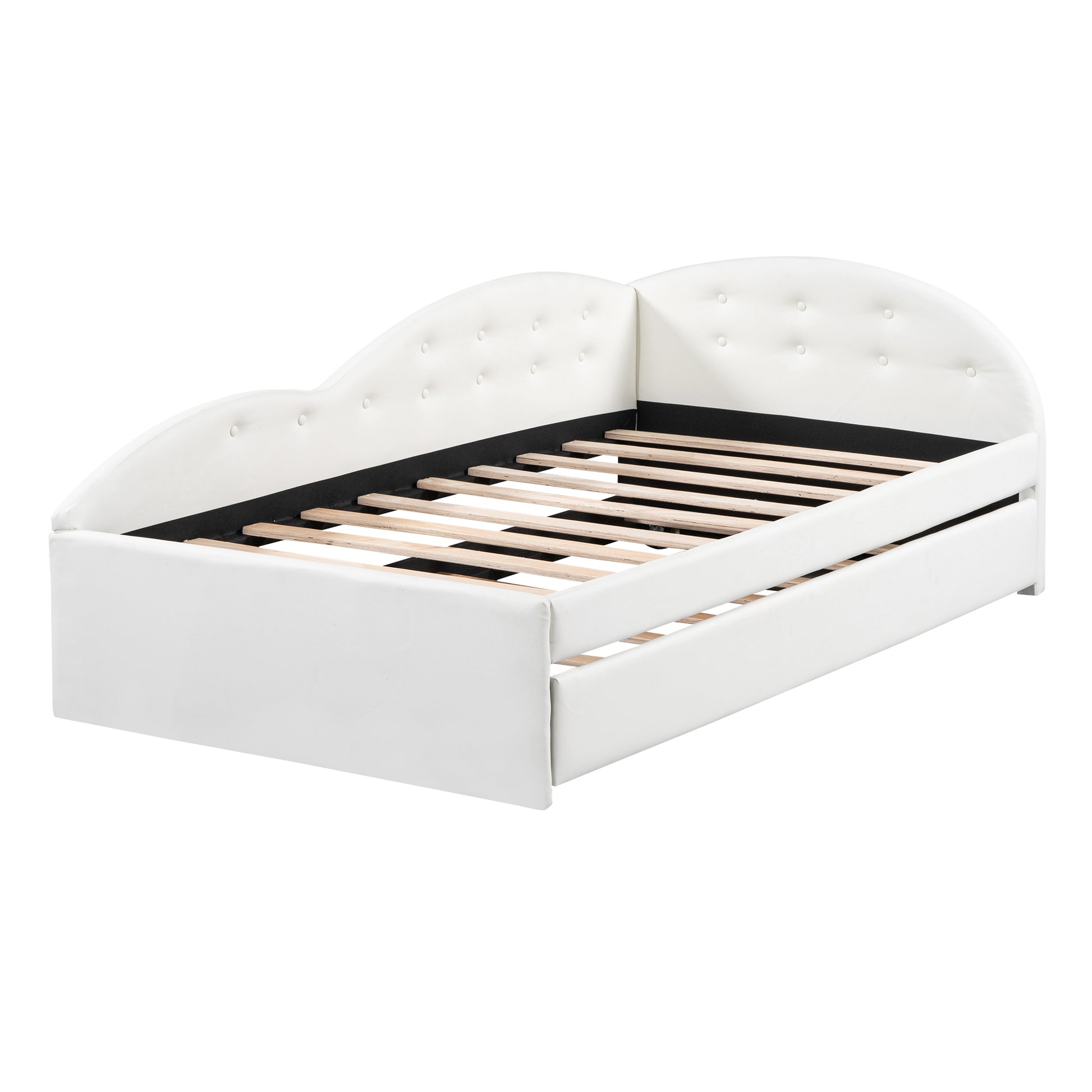 Twin Size Pu Upholstered Tufted Daybed With Trundle And Cloud Shaped Guardrail, White Box Spring Not Required Twin White Wood Faux Leather Upholstered