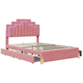 Full Size Upholstered Platform Bed With Led Lights And 4 Drawers, Stylish Irregular Metal Bed Legs Design, Pink Pink Velvet