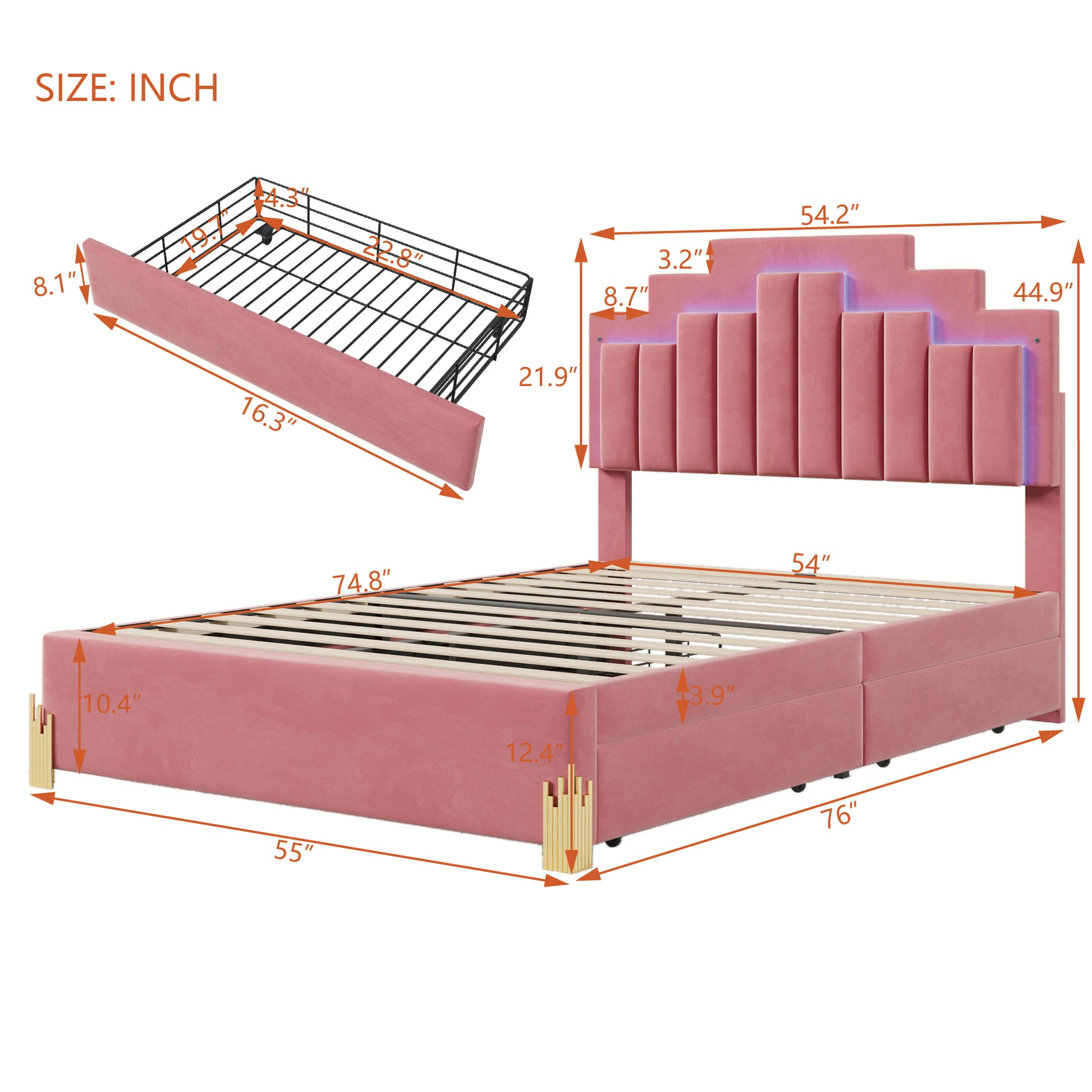 Full Size Upholstered Platform Bed With Led Lights And 4 Drawers, Stylish Irregular Metal Bed Legs Design, Pink Pink Velvet