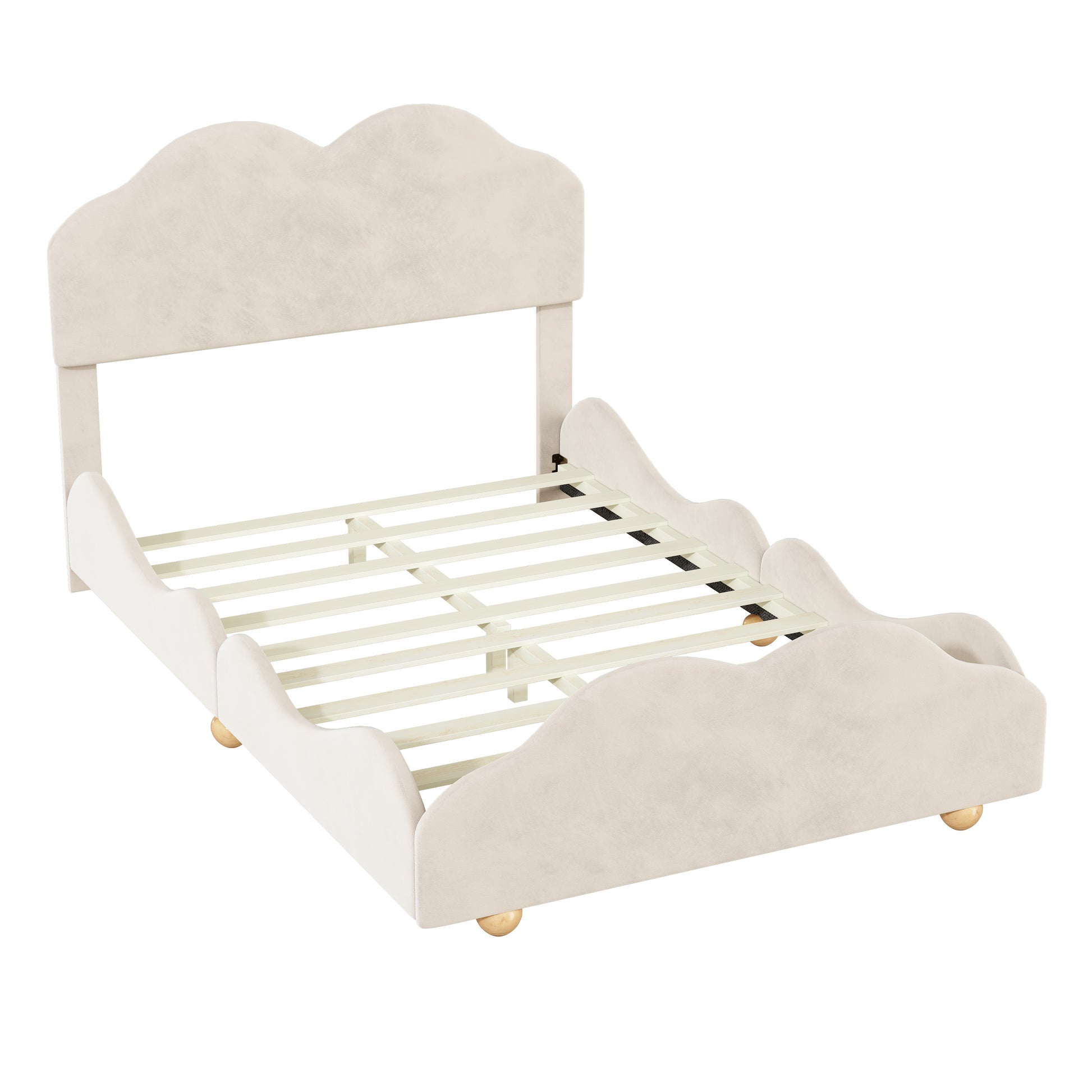 Full Size Upholstered Platform Bed With Cloud Shaped Bed Board, Beige Beige Velvet