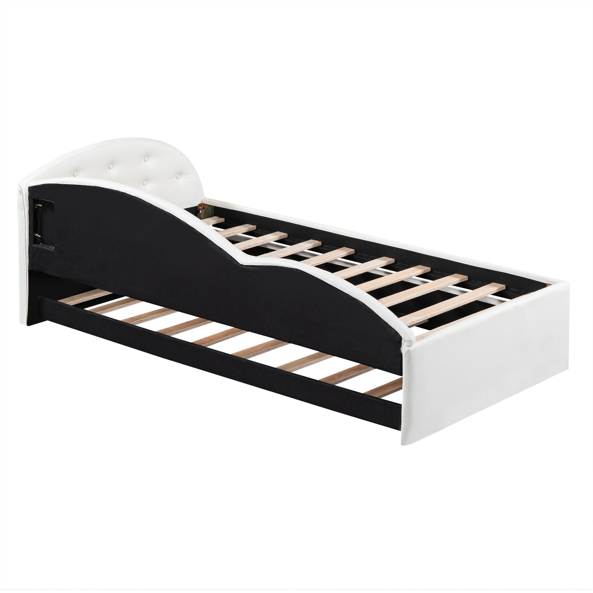 Twin Size Pu Upholstered Tufted Daybed With Trundle And Cloud Shaped Guardrail, White Box Spring Not Required Twin White Wood Faux Leather Upholstered