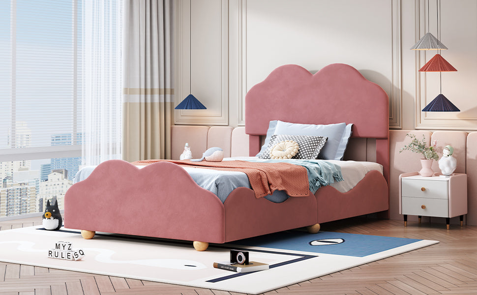 Twin Size Upholstered Platform Bed With Cloud Shaped Bed Board, Dark Pink Dark Pink Velvet