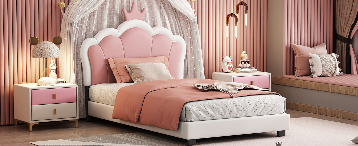 Twin Size Upholstered Princess Bed With Crown Headboard,Twin Size Platform Bed With Headboard And Footboard, White Pink Old Sku:Wf303336Aak Twin White Pu