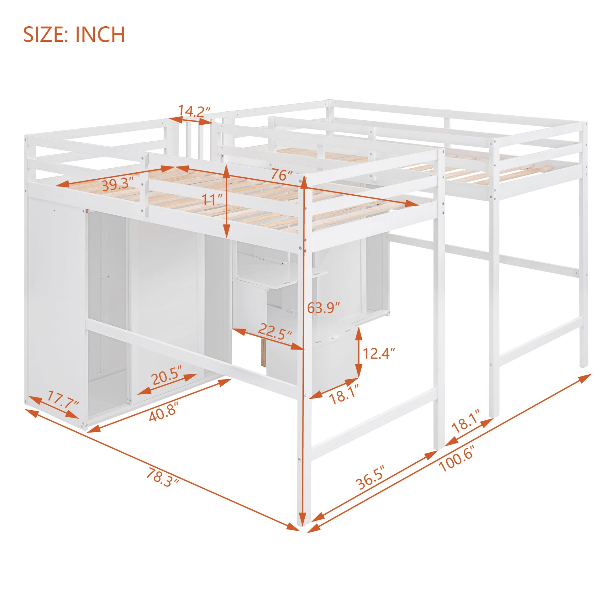 Double Twin Loft Beds With Wardrobes And Staircase, White White Solid Wood Mdf