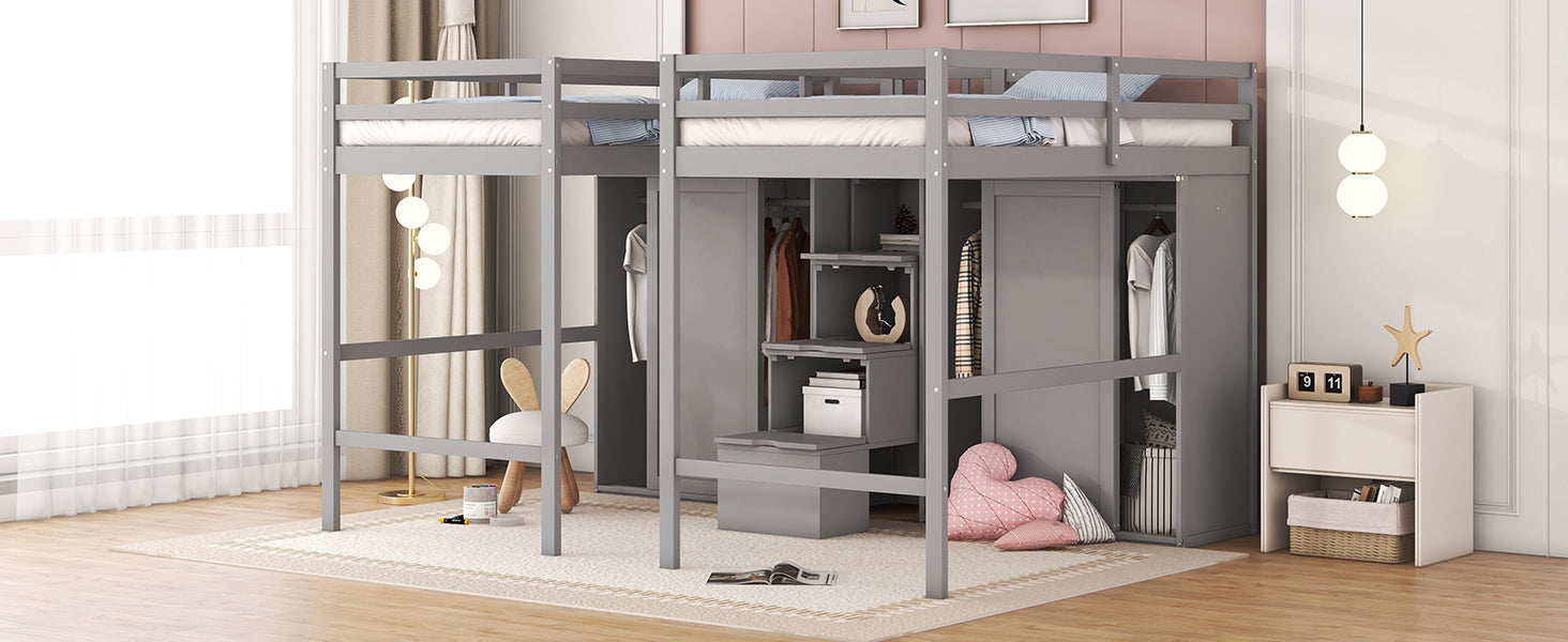 Double Twin Loft Beds With Wardrobes And Staircase, Gray Gray Solid Wood Mdf