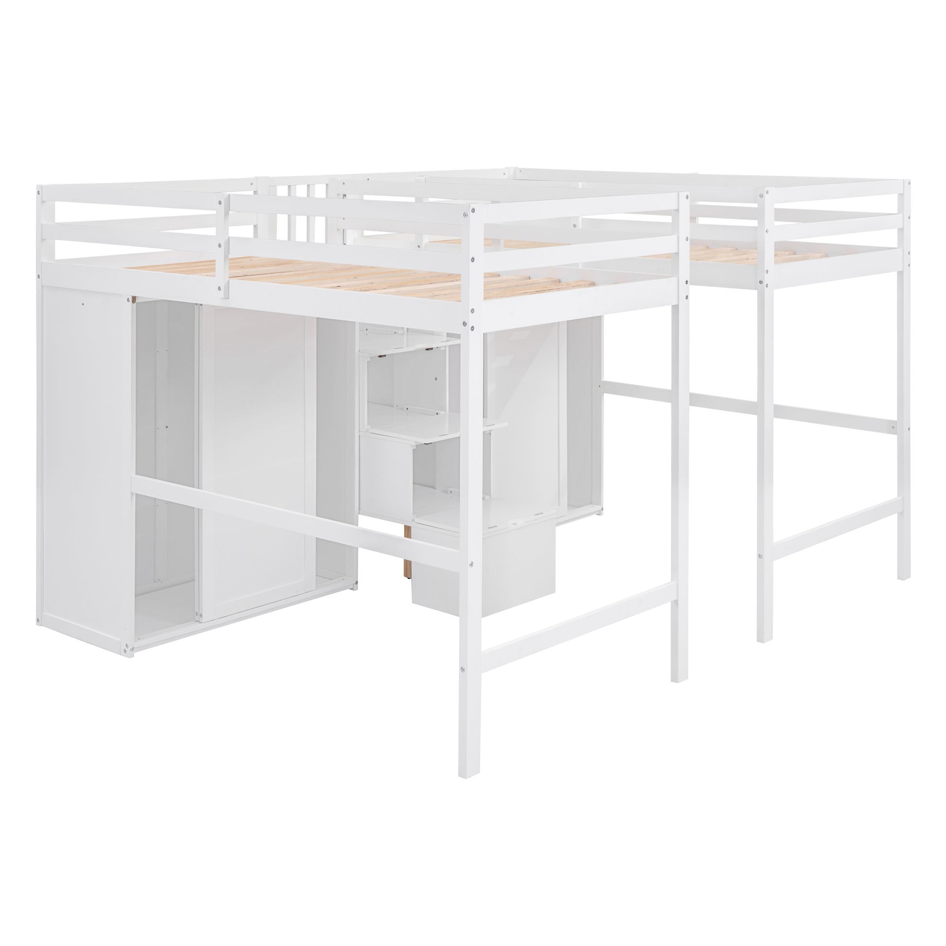 Double Twin Loft Beds With Wardrobes And Staircase, White White Solid Wood Mdf