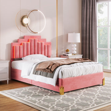 Full Size Upholstered Platform Bed With Led Lights And 4 Drawers, Stylish Irregular Metal Bed Legs Design, Pink Pink Velvet