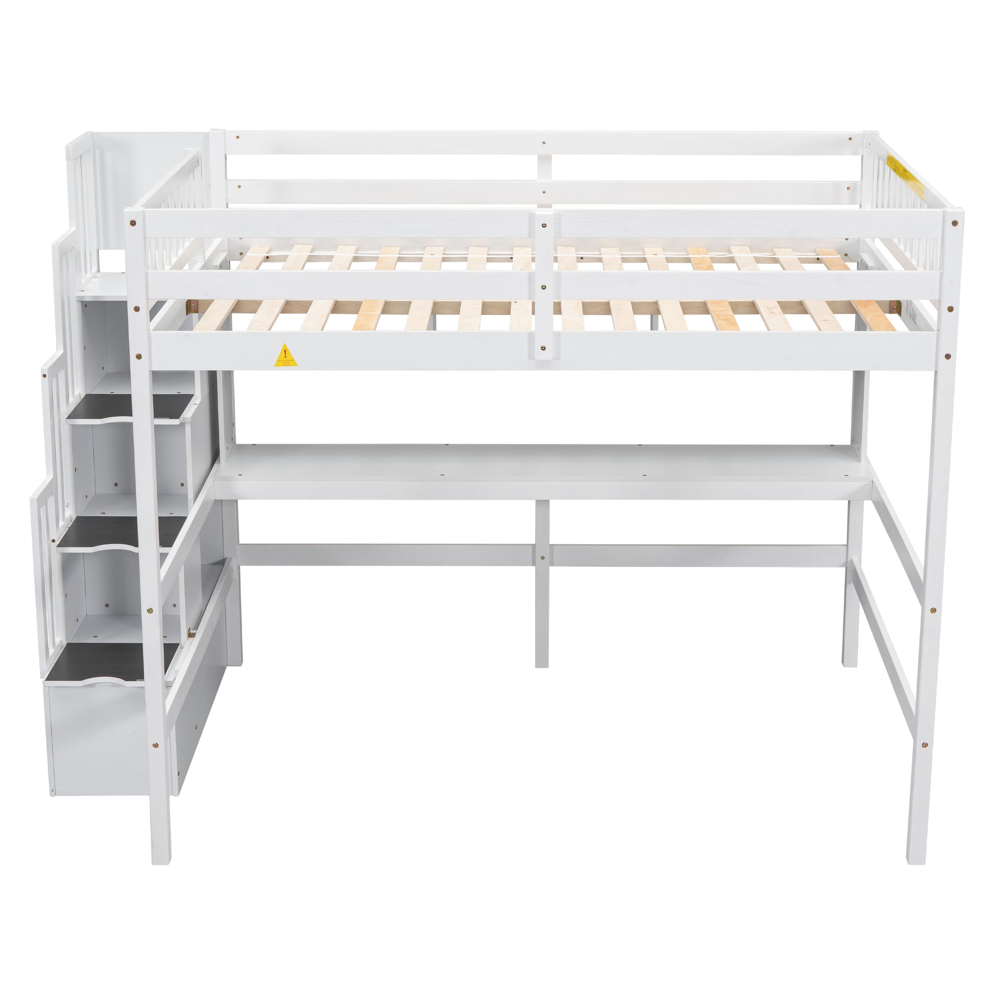 Full Size Loft Bed With Built In Desk, Bookshelves And Storage Staircase,White Full White American Design Pine