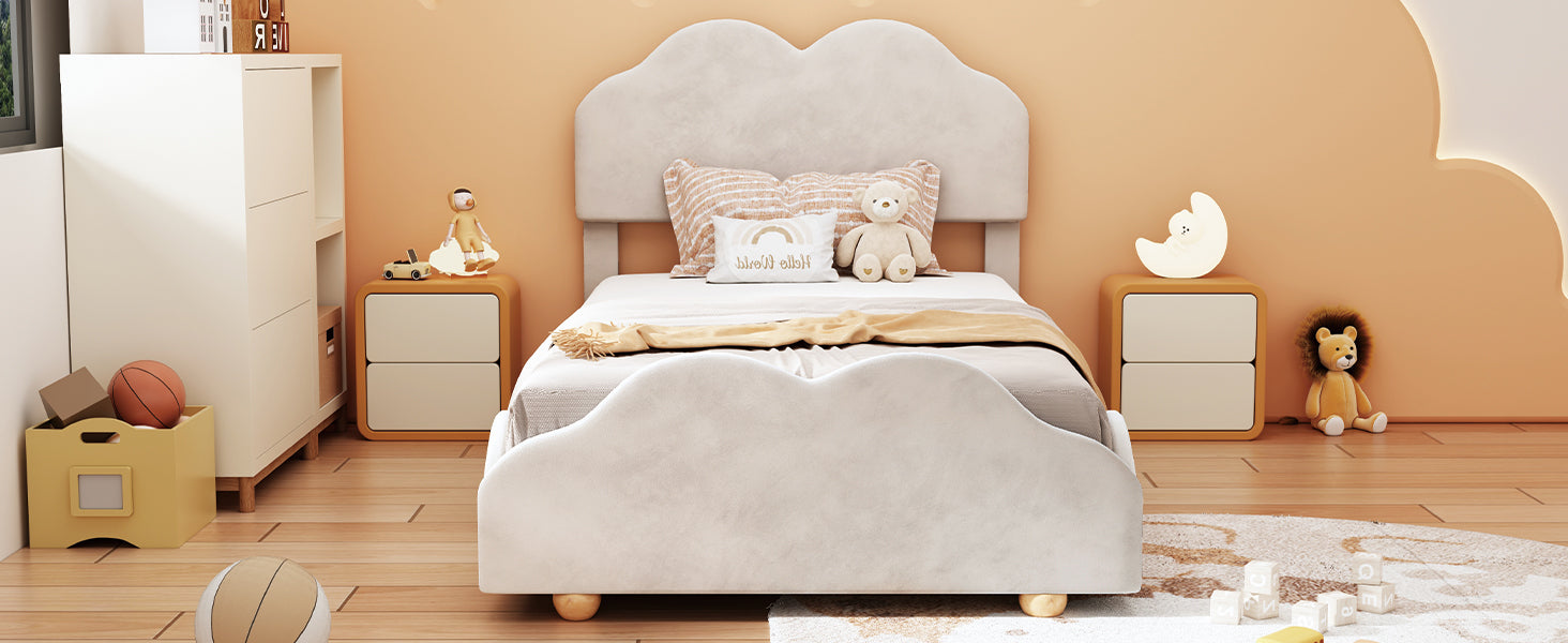 Twin Size Upholstered Platform Bed With Cloud Shaped Bed Board, Beige Beige Velvet