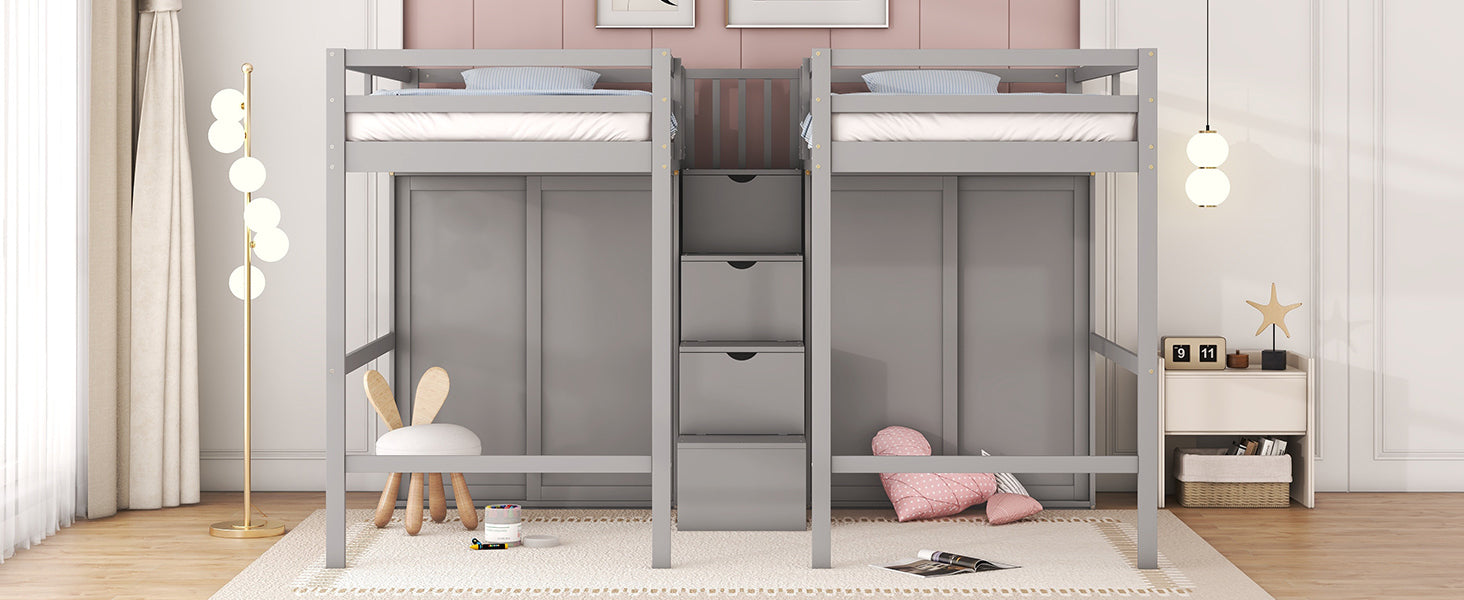 Double Twin Loft Beds With Wardrobes And Staircase, Gray Gray Solid Wood Mdf