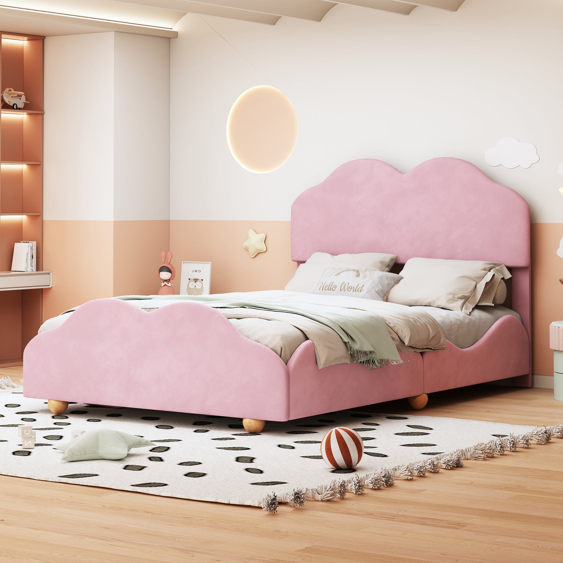 Full Size Upholstered Platform Bed With Cloud Shaped Bed Board, Light Pink Light Pink Velvet