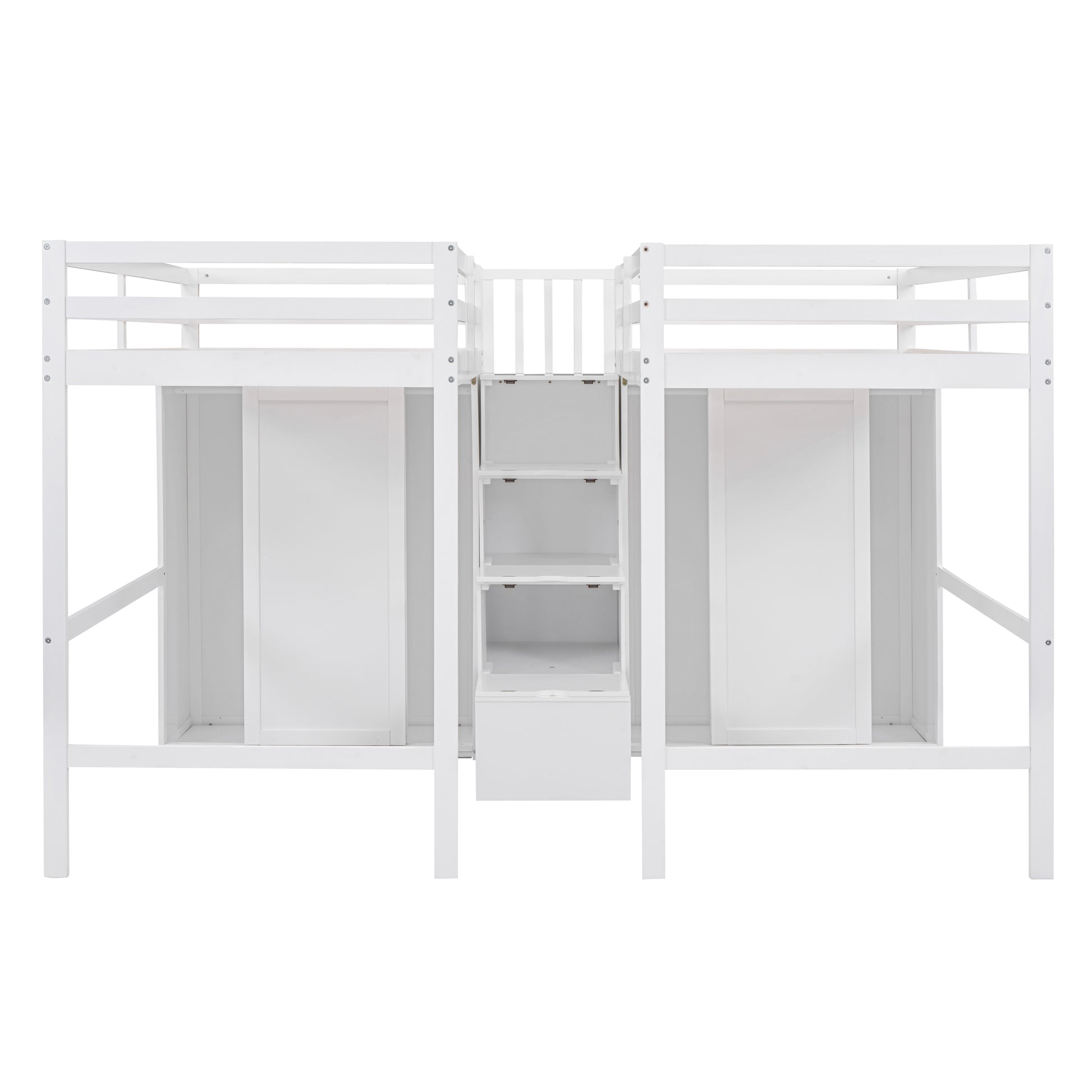 Double Twin Loft Beds With Wardrobes And Staircase, White White Solid Wood Mdf