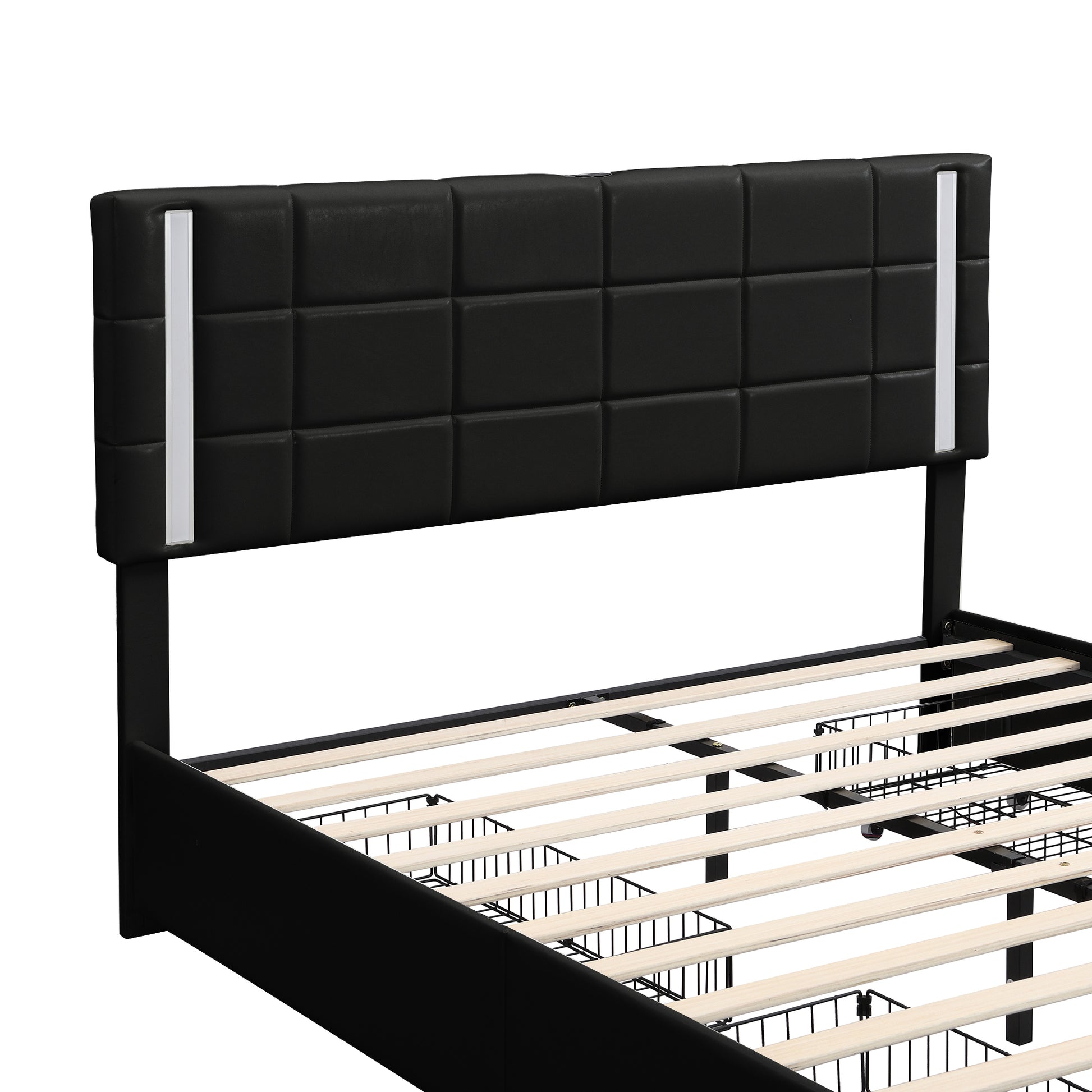 Queen Size Upholstered Platform Bed With Led Lights And Usb Charging, Storage Bed With 4 Drawers, Black Old Sku:Wf302558Aab Black Pu