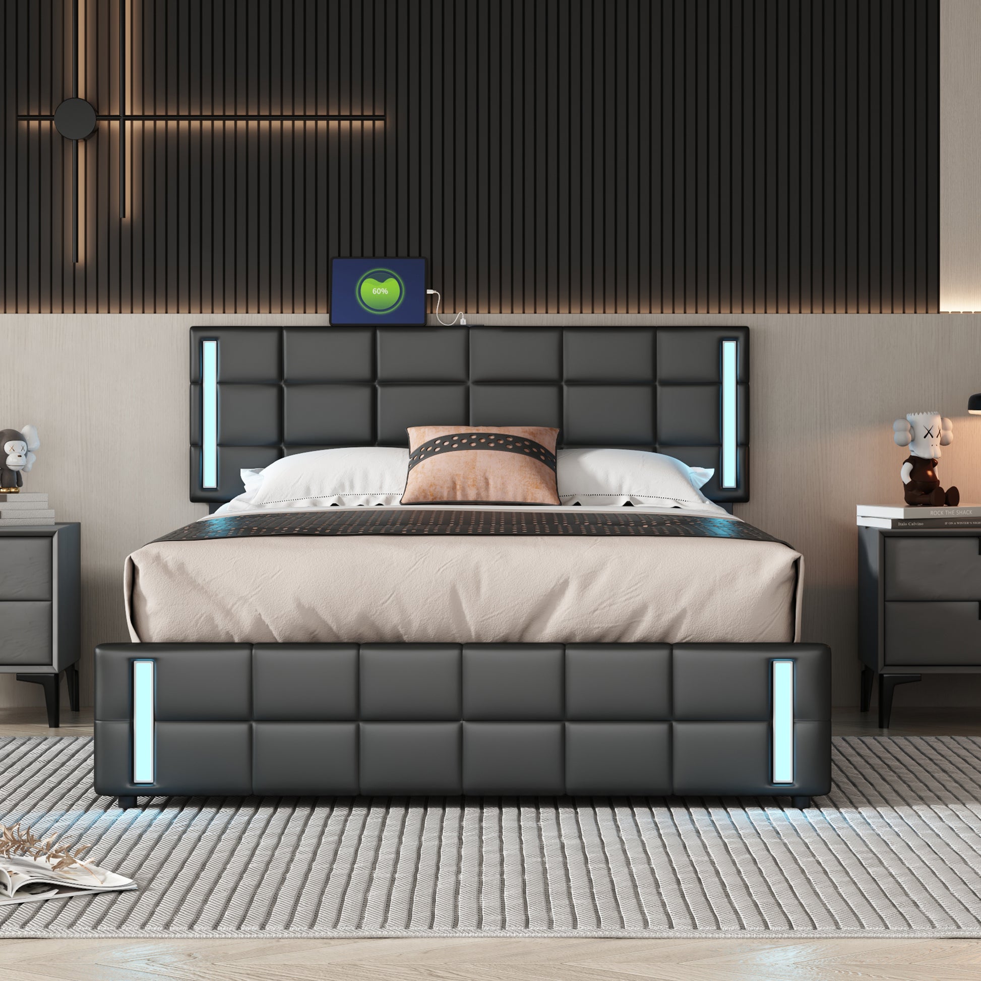 Queen Size Upholstered Platform Bed With Led Lights And Usb Charging, Storage Bed With 4 Drawers, Black Old Sku:Wf302558Aab Black Pu